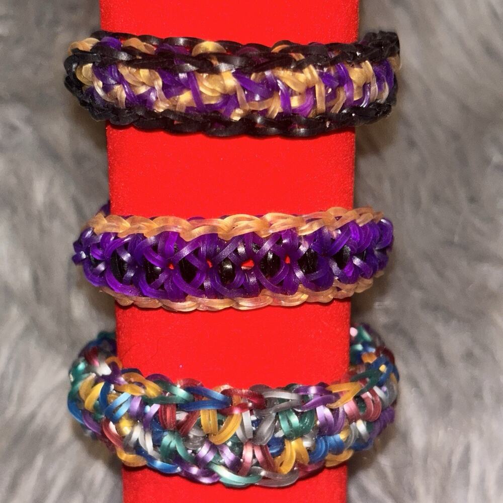 Set Of 3 Rainbow Loom Rubber Band Bracelets Handmade Metallic Gold Jewelry Fun